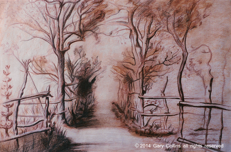 Wooded path coloured pencil drawing