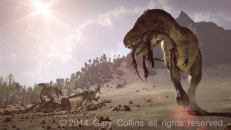 T-Rex walking off with Utahraptor CGI
